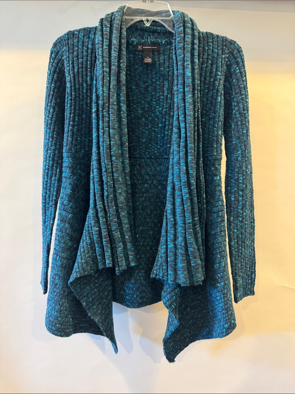 INC International Concepts Teal Blue Metallic Open-Front Draped Cardigan